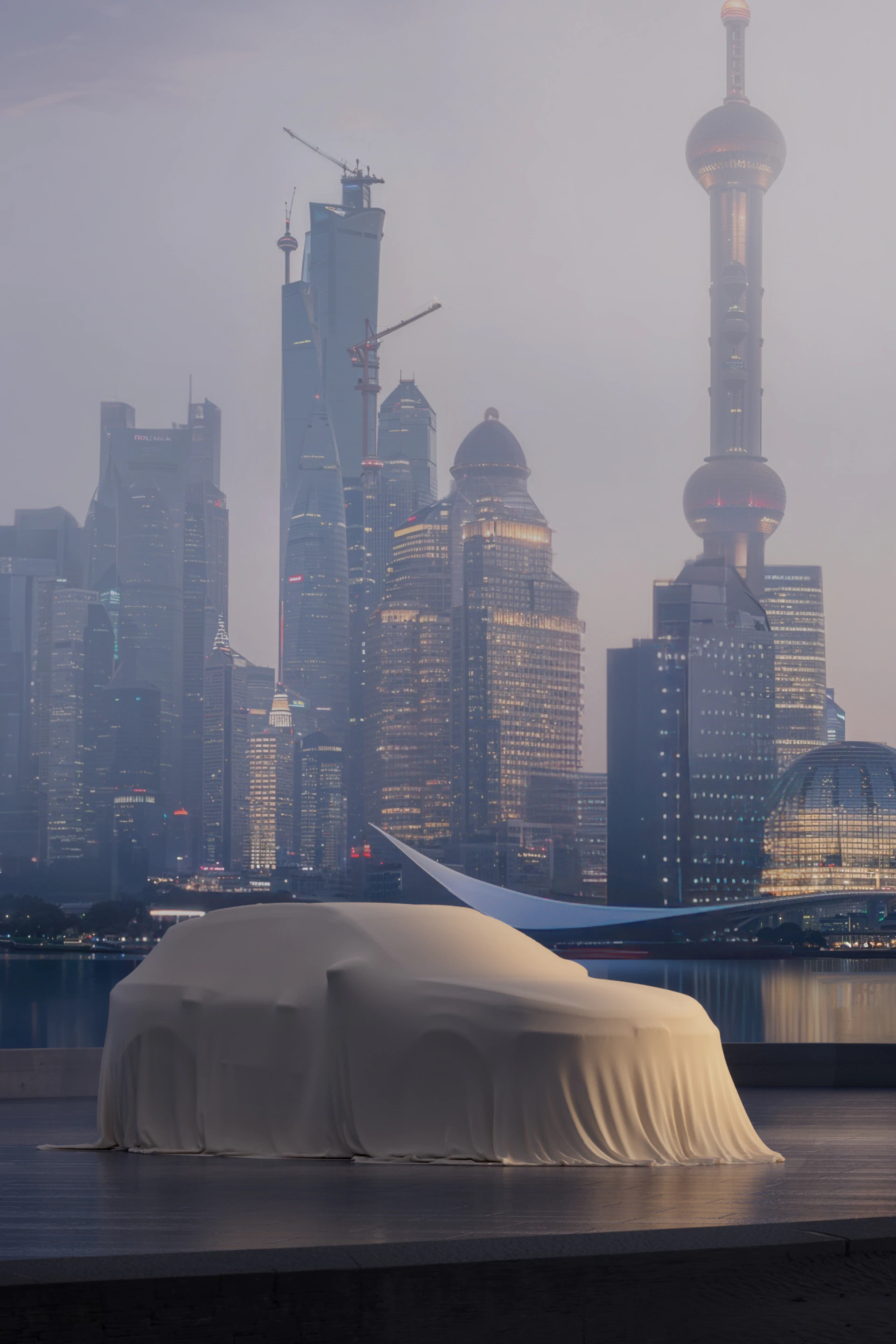 Een digitaal kunstwerk van Andrés Reisinger met de Audi Q6 e-tron tegen de achtergrond van Shanghai.